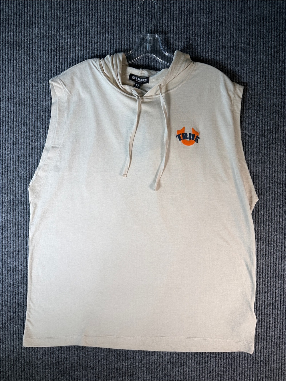 True Religion Mens Cream Sleeveless Hoodie with Orange Logo Accent